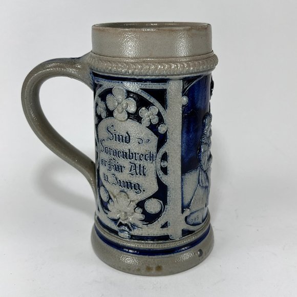 Vtg German Stein Beer Mug Cobalt Blue Grey Salt Glazed 16 oz Embossed Rustic 90s - Picture 4 of 13